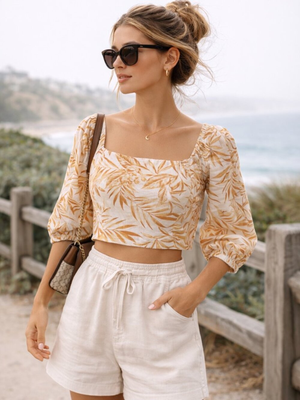 Lost + Wander Linen Crop Top Coastal Leaf Print Square Neck M